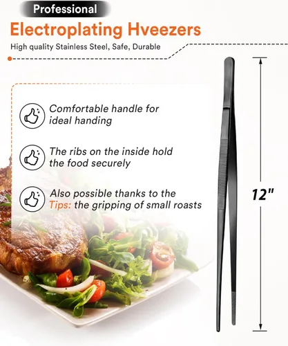 Miniatura 4 de Pinzas de cocina finas para cocinar, pinzas de acero inoxidable negro para alimentos, puntas dentadas de precisión multifuncionales, pinzas