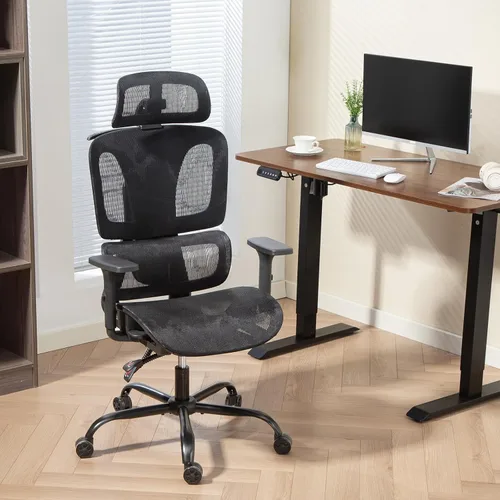 Miniatura 2 de Silla de oficina ergonómica con soporte lumbar ajustable, reposabrazos y reposacabezas 3D, silla reclinable de 135° con base de acero grande, silla