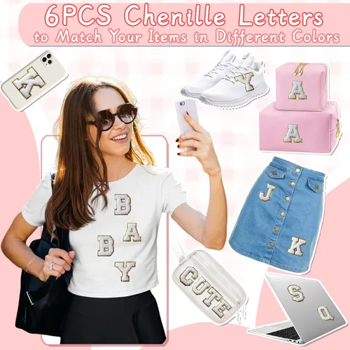 Miniatura 133 de 6 Parches de Letras de Chenilla Autoadhesivos para Bolsas, Parches de Letras Universitarias Preppy de 2 Pulgadas para Ropa y Sombreros, Calcomanías