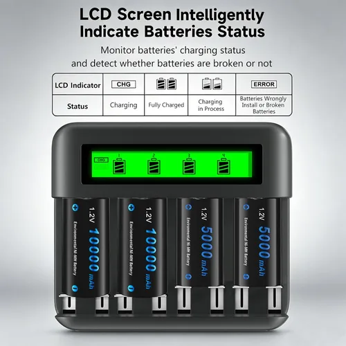 Miniatura 4 de CITYORK Baterías recargables C con cargador, paquete de 4 baterías NiMH de 5000 mAh tamaño C con cargador de batería universal LCD inteligente