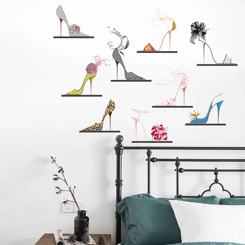 Miniatura 3 de Maydahui Calcomanías de pared de zapatos de tacón alto de colores modernos para mujer, zapatos de flores, tacones (32 x 30 pulgadas) para zapatos