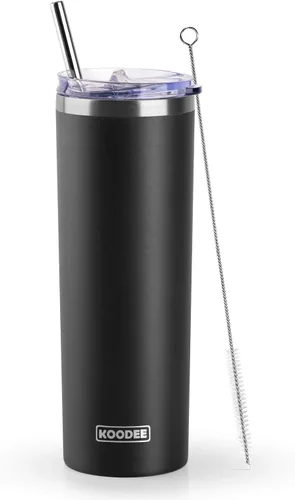 Miniatura 44 de Koodee - Vaso delgado de acero inoxidable de 20 onzas (4 unidades) aislado con doble pared, vaso de agua con 4 tapas, 4 popotes y 2 cepillos