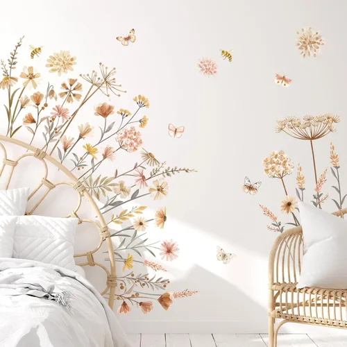 Miniatura 2 de decalmile Adhesivos de Pared Boho de Flores, Adhesivos de Pared de Flores Silvestres, Flores, Dientes de León, Hierba Adhesivos de Pared para Bebé