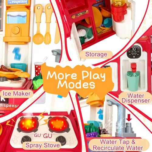 Miniatura 7 de Juego de cocina de juguete mejorado para niños y niñas, juego de mini cocina con fregadero de rociado y iluminación realista, juguetes de cocina Rojo
