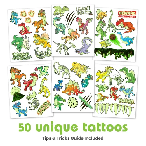 Miniatura 2 de Savvi - 50 tatuajes temporales Mighty Dino: brilla en la oscuridad, tinta segura para la piel, ideal para fiestas de cumpleaños, regalos para niños