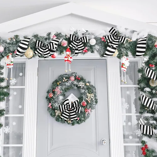 Miniatura 7 de Syhood - 20 yardas 2 rollos de cinta negra y blanca, cinta decorativa de rayas horizontales de Navidad, cinta espiral con alambre para decoración