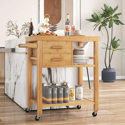 Miniatura 4 de LOKO Carrito de isla de cocina con ruedas, carrito de cocina con ruedas, carrito de cocina de madera rodante con cajones, estantes, toallero