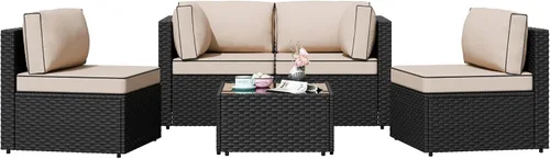 Miniatura 7 de Shintenchi 5 piezas de sofá seccional de patio al aire libre, juegos de muebles de mimbre PE negro, juegos de conversación de patio con cojines Caqui