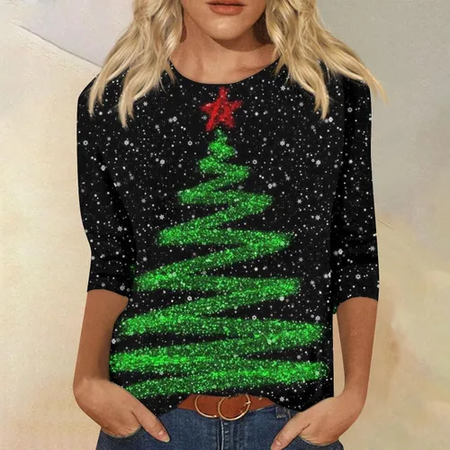 Miniatura 3 de Funny Christmas Shirts, Women's Fashion T-Shirt Round Neck Casual 34 Sleeve Tops Daily Casual Christmas Print Top