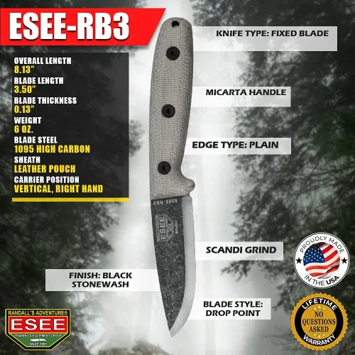 Miniatura 4 de ESEE RB3 Reuben Bolieu Cuchillo de supervivencia de hoja fija, funda de cuero, fabricado en Estados Unidos