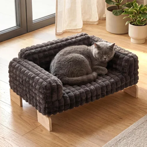 Veehoo Cama elevada para gatos en interiores, muebles de madera, sofá para gatos con funda extraíble lavable, bonito y esponjoso para gatos pequeños