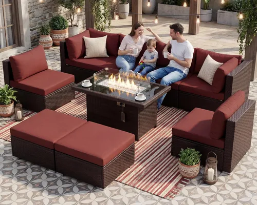 Miniatura 97 de NICESOUL Juego de muebles de patio para exteriores de 7 piezas con mesa para hoguera, gas natural y propano convertible, respaldo alto de 29.3