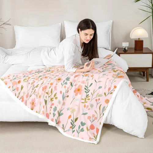 Miniatura 4 de Manfei Pink Flower Throw Blanket Watercolor Floral Leaves Print Fleece Blanket Plants Wildflower Cozy Throws for Bed Couch Sofa,Kids Boys Girls Room