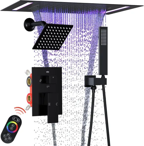 Miniatura 18 de ENGA Sistema de cabezal de ducha de lluvia doble, 2 en 1 funciones de montaje en techo, cabezal de ducha LED de 14 x 20 pulgadas con cabezal de Oro