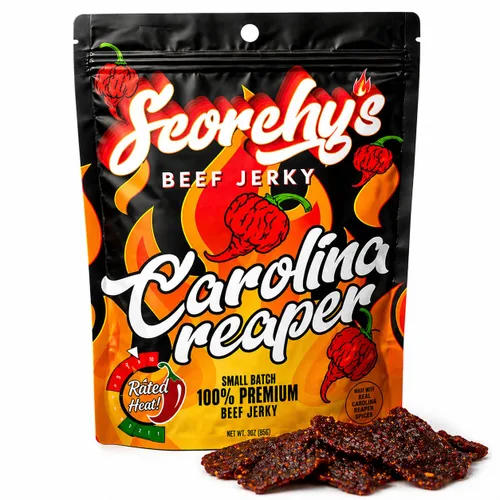 Scorchy's Jerky - Carolina Reaper Beef Jerky - Cecina picante extrema, hecha en Estados Unidos, aperitivo alto en proteínas, bajo en carbohidratos,