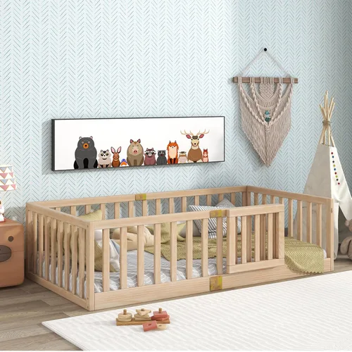 Miniatura 12 de Tatub Cama Montessori de suelo individual con rieles altos, marco de cama Montessori de madera maciza para niños, la puerta se puede instalar a Gris