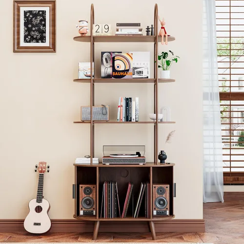 Miniatura 3 de Soporte Alto para Tocadiscos de Vinilo, Estantería de 4 Niveles con Puertas Corredizas, Gabinete Retro Pequeño para Almacenamiento de Discos