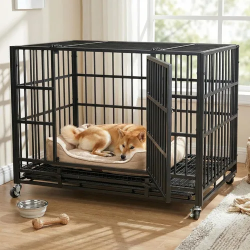 Miniatura 7 de VOWNER Jaula para perros indestructible de 38 pulgadas, resistente a prueba de escapes, con 4 ruedas bloqueables, jaula para perros de alta ansiedad