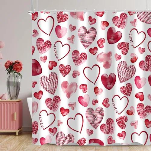 Miniatura 16 de Cortina de ducha para el día de San Valentín, diseño de corazones amorosos rojos, diseño romántico de San Valentín, años 60, 70, retro, impermeable