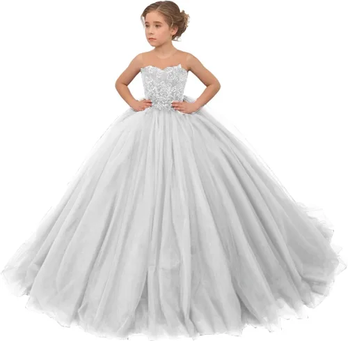 Miniatura 21 de Precioso vestido de niña de flores de tul para niños de boda con cuentas princesa sin mangas vestidos de baile