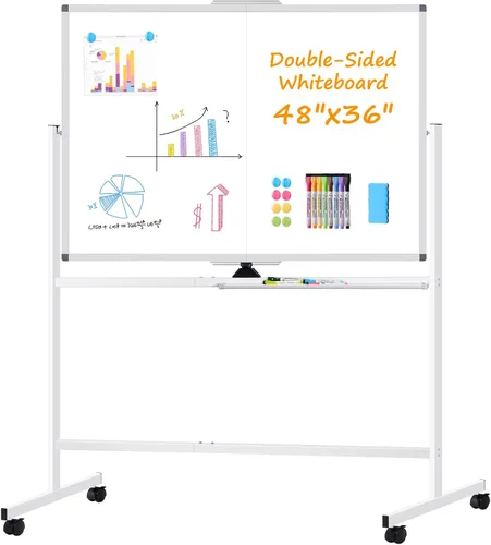 Miniatura 9 de WALGLASS Pizarra blanca rodante de borrado en seco, 48 x 36 pulgadas, pizarra blanca de doble cara sobre ruedas, pizarra blanca portátil grande