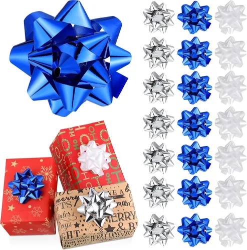 Paquete de 24 Lazos de Navidad para Envolver Regalos, Lazos de Regalo de Cinta, Lazos de Cinta de Estrella de Navidad Autoadhesivos Surtidos para