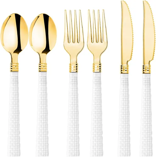 Miniatura 8 de N9R Juego de cubiertos de plástico dorado - 90 piezas con mango negro - Cubiertos de plástico elegantes, resistentes - 30 cucharas, 30 tenedores, 30