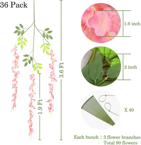 Miniatura 2 de BLEUM CADE 36 Piezas Flores Colgantes de Glicina Falsa Rosa Profundo, 3.6 Pies/Pieza Guirnalda de Glicina Artificial, Flores Colgantes para Boda
