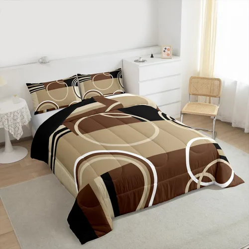 Miniatura 3 de Juego de edredón moderno de tamaño individual, color marrón, gris y negro, juego de ropa de cama con espirales geométricos para niños y niñas