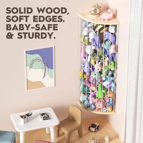 Miniatura 7 de Zoológico de almacenamiento de animales de peluche de esquina, organizador grande ajustable de juguetes de felpa de madera maciza, estante colgante