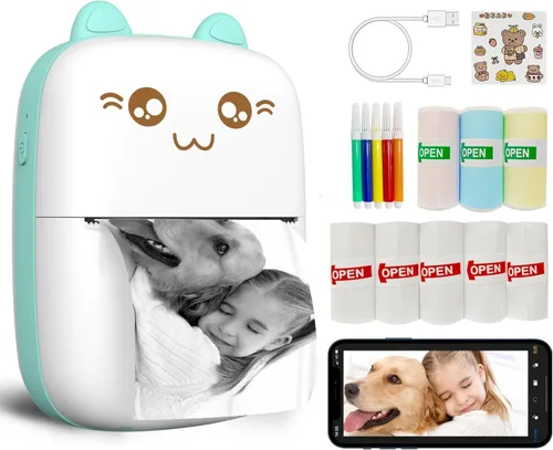 Mini impresora portátil, impresora de pegatinas sin tinta con 8 rollos de papel, mini impresora térmica inalámbrica Bluetooth compatible con iOS +