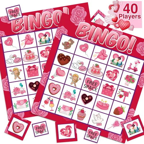 jollylife Tarjetas de bingo para 40 jugadores para el día de San Valentín, suministros para fiestas, actividades para adultos (rosa)