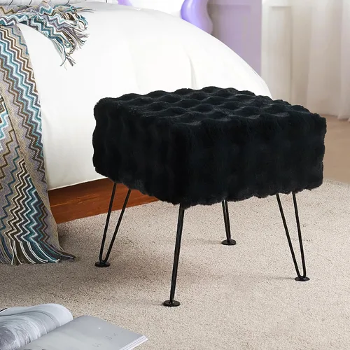 Miniatura 3 de Asiento otomano cuadrado negro con burbujas de piel sintética suave y mullida, asiento de banco de entrada, 17 x 17 x 17 pulgadas, mesa auxiliar