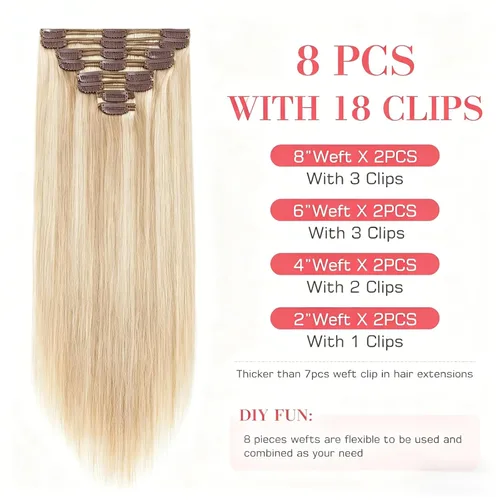 Miniatura 2 de 8Pcs Clip in Hair Extensions Real Human Hair, 140G 18 Inch Ash Blonde Mix Bleach Blonde 18P613