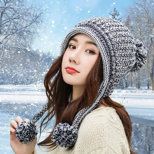 Miniatura 4 de HUAMULAN - Gorro de invierno para mujer estilo peruano con forro polar, solapas para orejas, doble capa, con pompones