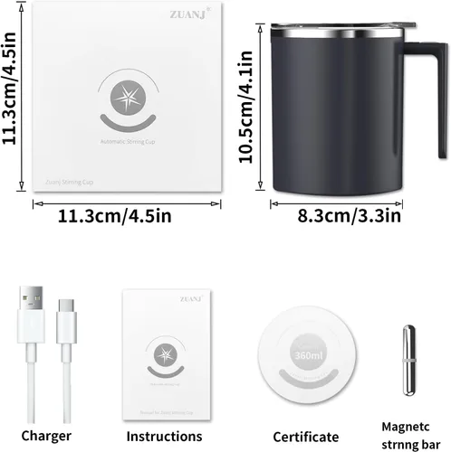 Miniatura 7 de Taza de café autoagitable, taza mezcladora eléctrica de 12.2 onzas con agitador magnético y antisedimentación, taza de viaje recargable para café