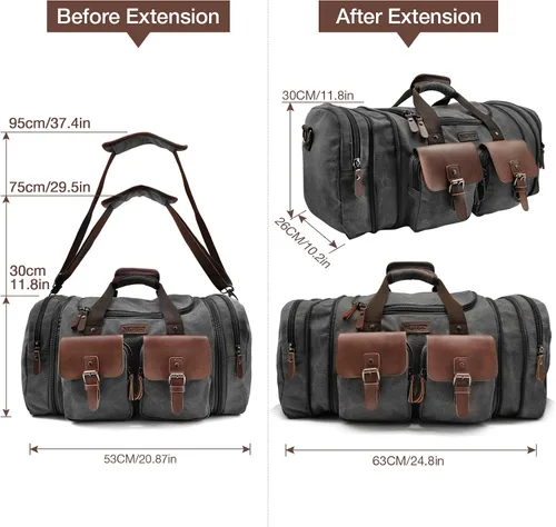 Miniatura 6 de Wildroad Bolsa de lona de viaje de 50 litros, bolsa de lona expandible de cuero genuino mejorada para el fin de semana durante la noche, Negro