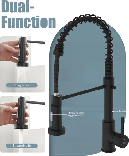 Miniatura 3 de Grifo de cocina, grifos de fregadero de cocina negros con rociador extraíble, grifos de acero inoxidable de una sola manija para fregaderos