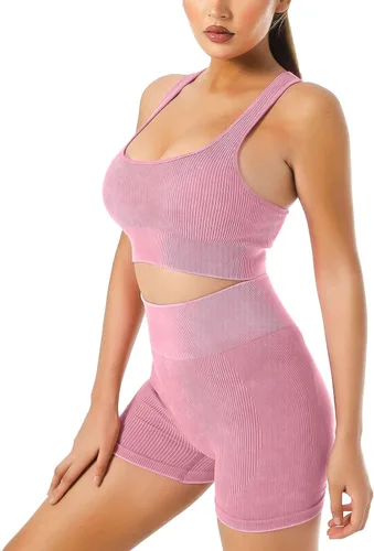 Miniatura 2 de JOTEUS - Conjunto de yoga de 2 piezas sin costuras, acanalado, brasier deportivo de cintura alta, pantalones cortos de gimnasio, conjuntos de ropa