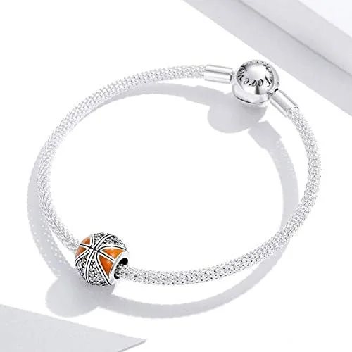 Miniatura 7 de Abalorio de cuentas de voleibol de plata de ley 925 con cuentas deportivas, pulsera original (personaje de baloncesto naranja)