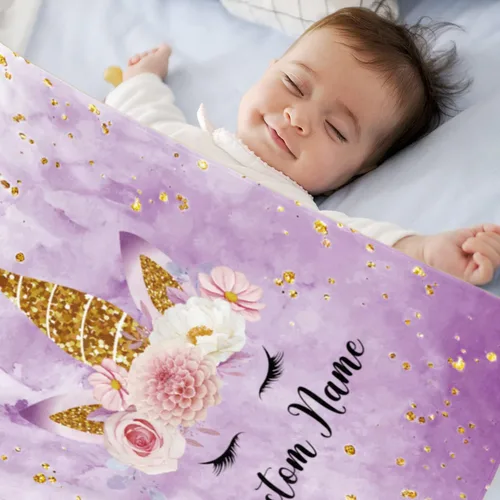 Miniatura 4 de Manta personalizada con caballo y nombre para niña, manta con nombre personalizada para adolescente, manta de franela suave color púrpura para niños
