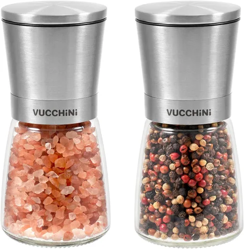 VUCCHINI Juego de molinillo de sal y pimienta, molinillos de cerámica ajustables de acero inoxidable para mesa de cocina, color acero inoxidable