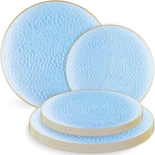 Platos orgánicos martillados color azul polvoriento, desechables, (32 unidades) de 7 y 10 pulgadas, platos desechables azules perfectos para juegos