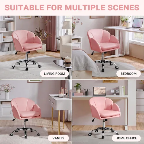 Miniatura 8 de Yaheetech Silla de escritorio linda con diseño de pétalos, silla de oficina en casa, silla giratoria de piel tapizada, silla de tocador de rosado