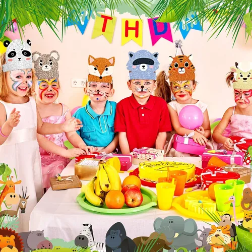 Miniatura 4 de 24 piezas de sombreros de fiesta de cumpleaños de animales, diademas de animales, corona de papel de fiesta de animales de la selva para niñas
