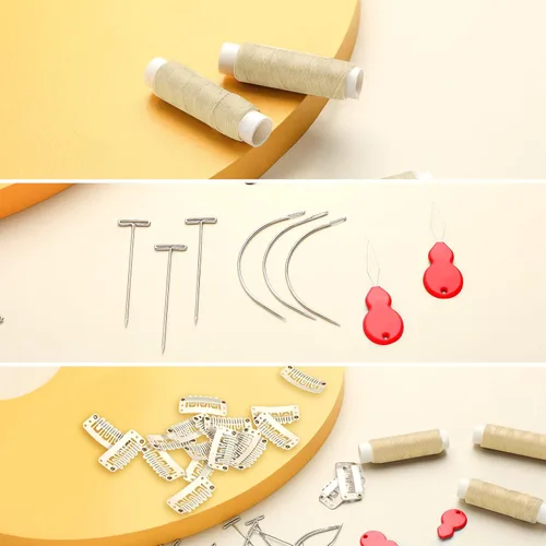 Miniatura 5 de Juego de 85 extensiones de cabello con clip, incluye 50 clips a presión en forma de U, 10 agujas curvas, 20 pines en T, 3 rollos de hilo de tejer, 2