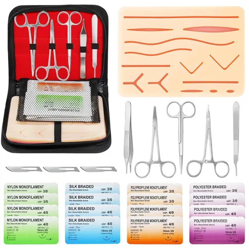 Kit de práctica de sutura para estudiantes de medicina - Kit de sutura con heridas precortadas, hilos y herramientas de sutura, kit de entrenamiento