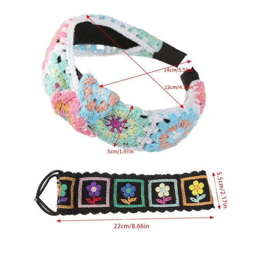 Miniatura 4 de LIANXUE Diadema de punto floral para mujer, turbante elástico, floral, ganchillo, cuadrado, estilo étnico, diadema envolvente para la cabeza