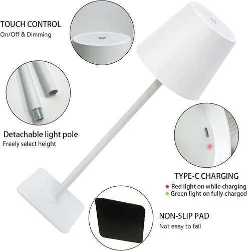 Miniatura 4 de Paquete de 2 lámparas de mesa inalámbricas recargables, funciona con pilas, lámpara LED táctil regulable con 3 temperaturas de color, lámpara