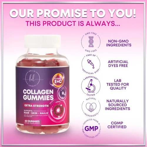 Miniatura 4 de Gomitas de péptidos de colágeno – 2500 mcg de D-biotina por porción – Proteína hidrolizada tipo I y III Suplemento de colágeno múltiple con vitamina